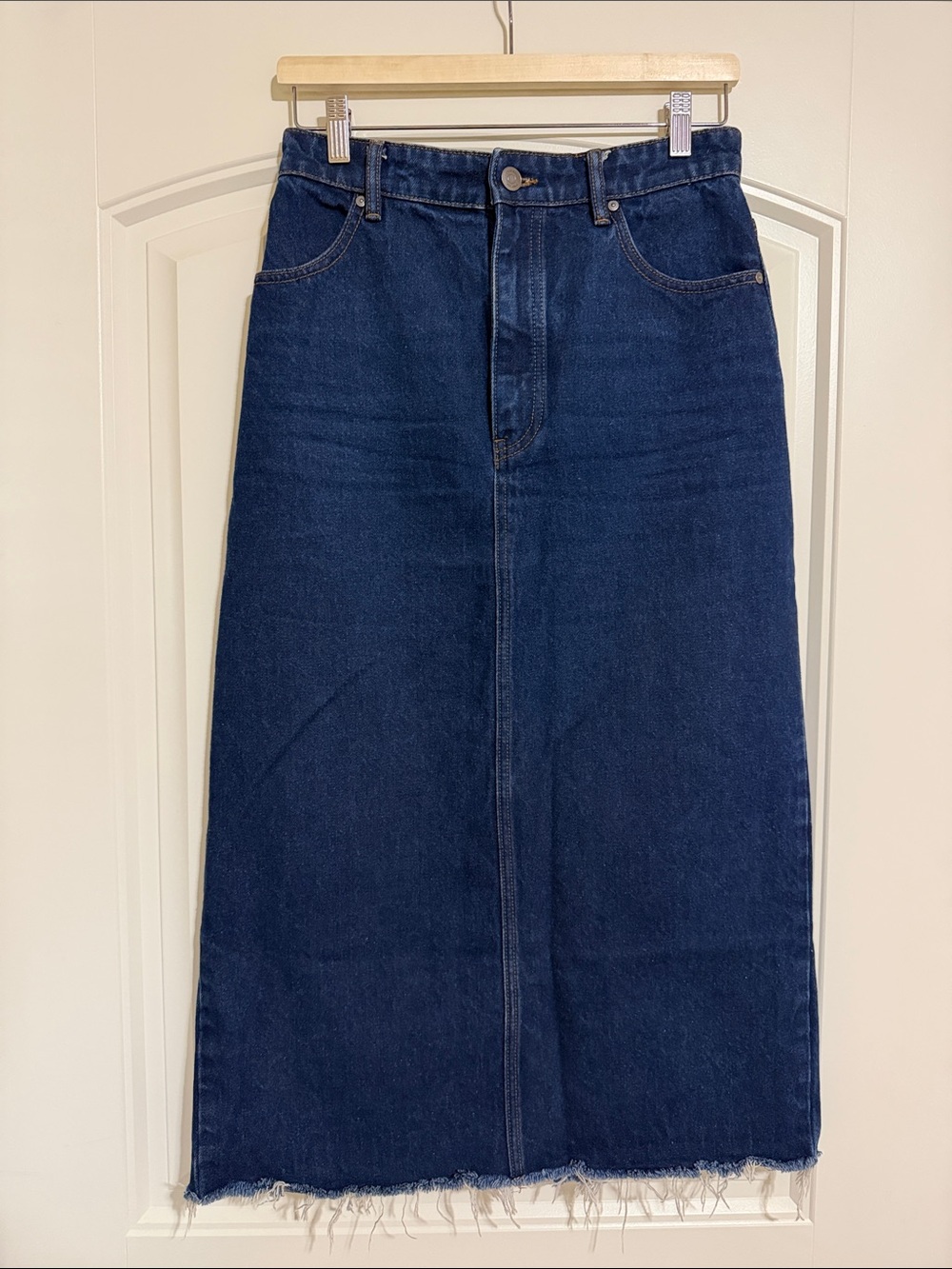 12 Storeez Dark Blue Denim Maxi Skirt with Frayed Hem